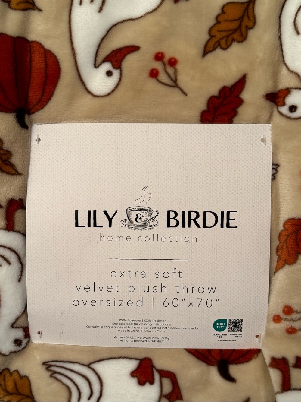 Lily & Birdie Cream Velvet Plush Throw with White Geese & Orange Accents - Picture 2 of 2